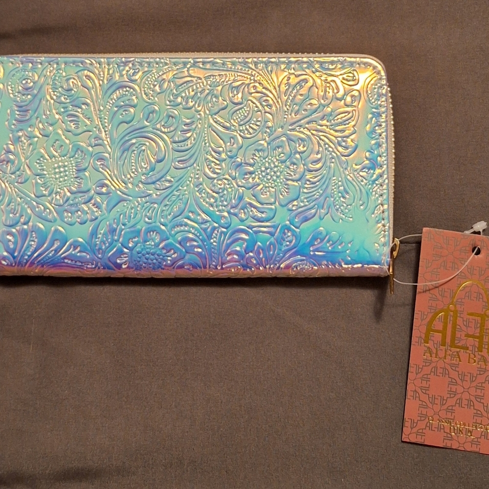 PRICE FIRM NWT ALBA Blue Iridescent Embossed Zip Wallet